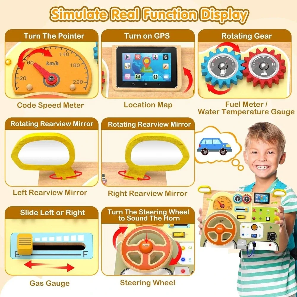 Montessori Wooden Busy Board Toddler Sensory Toy‎ w/ Switch & Steering Wheel